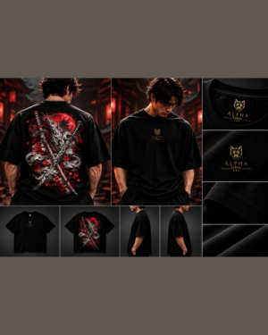 Alpha Lykos Crimson Oni Moon Katana Oversized T-Shirt