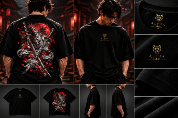 Alpha Lykos Crimson Oni Moon Katana Oversized T-Shirt