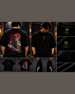 Alpha Lykos Crimson Ronin Under the Red Moon Oversized T-Shirt – 100% Cotton