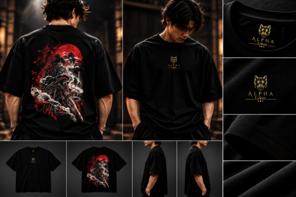 Alpha Lykos Crimson Ronin Under the Red Moon Oversized T-Shirt – 100% Cotton