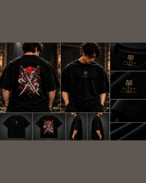 Alpha Lykos Crimson Sun Samurai Blades Oversized T-Shirt – 100% Cotton