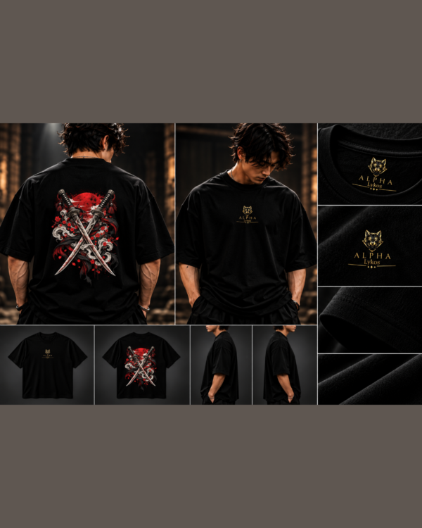 Alpha Lykos Crimson Sun Samurai Blades Oversized T-Shirt – 100% Cotton
