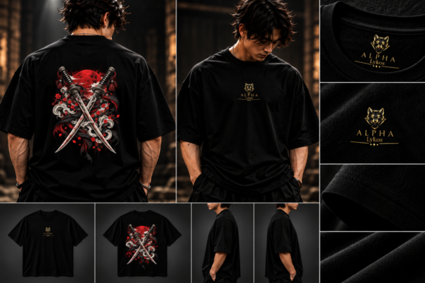 Alpha Lykos Crimson Sun Samurai Blades Oversized T-Shirt – 100% Cotton