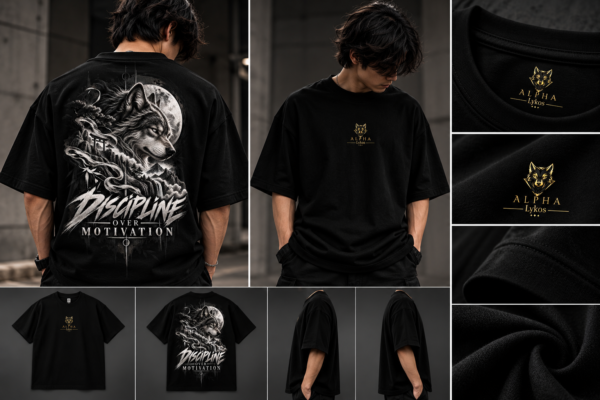 Alpha Lykos Discipline Over Motivation Wolf Oversized T-Shirt – 100% Cotton