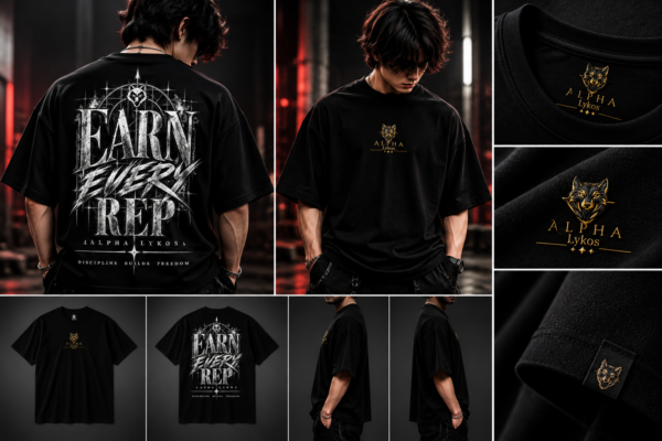 Alpha Lykos Earn Every Rep Wolf Emblem Oversized T-Shirt – 100% Cotton