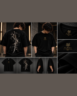 Alpha Lykos Ink-Wrapped Katana and Blossoms Oversized T-Shirt – 100% Cotton