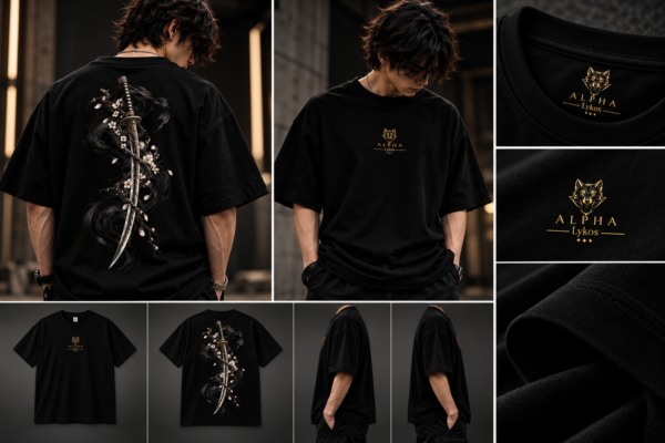 Alpha Lykos Ink-Wrapped Katana and Blossoms Oversized T-Shirt – 100% Cotton